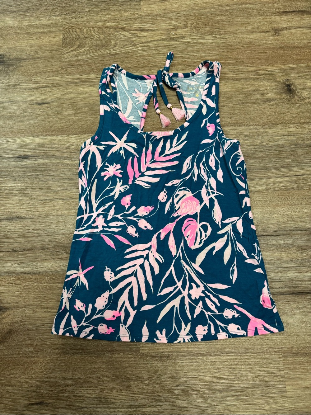 Lilly Pulitzer Teal Tank with Pink Leaf Print and Tie-Back